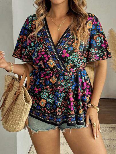 Ceyna 大码女式短袖交叉领 A 字形褶饰腰部碎花衬衫，夏季