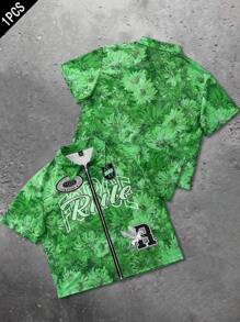 Manfinity EMRG Men's Blue Button-Up Shirt With Sunflower, Letter, Pegasus Graphic, Zip Design - Multicolor - View 6