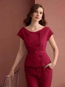 MOTF PREMIUM BATWING SLEEVE DOUBLE BREASTED PLACKET BUCKLE BELTED BLOUSE - Red - View 6