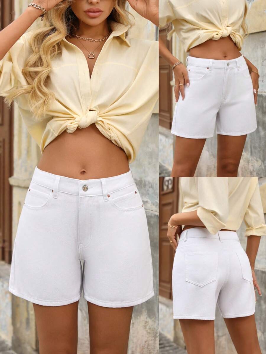 EMERY ROSE Women's Casual Versatile Loose Pockets Denim Shorts - White - View 1
