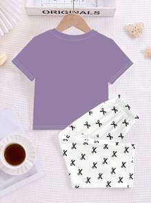 Young Girls Casual Fitted Round Neck Short Sleeve Pants Pajamas Set, Suitable For Summer - Multicolor - View 5