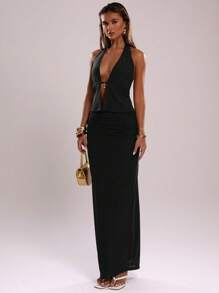 SHEIN BAE Conjunto sexy de 2 piezas con top sin espalda de cuello en V profundo y falda con bajo asimétrico para mujer - Negro - Ver 4