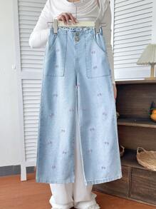 Girls Y2K Style Distressed Light Washed Loose Casual Jeans With Cute Embroidered Bowknot, Practical & Fashionable Straight Leg Design For Daily Wear Fall Winter - Light Wash - View 1