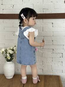 SHEIN Baby Girl Cute Pink Ribbon Bow Denim Dress,Spring And Summer Casual Vacation Country Boho Wear