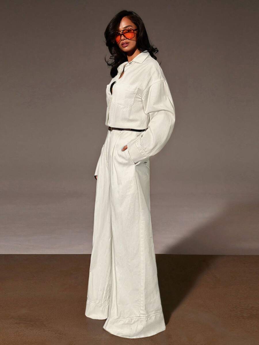 Athîral 女士休闲纯色阔腿牛仔连体裤 - 白色 - 查看 1