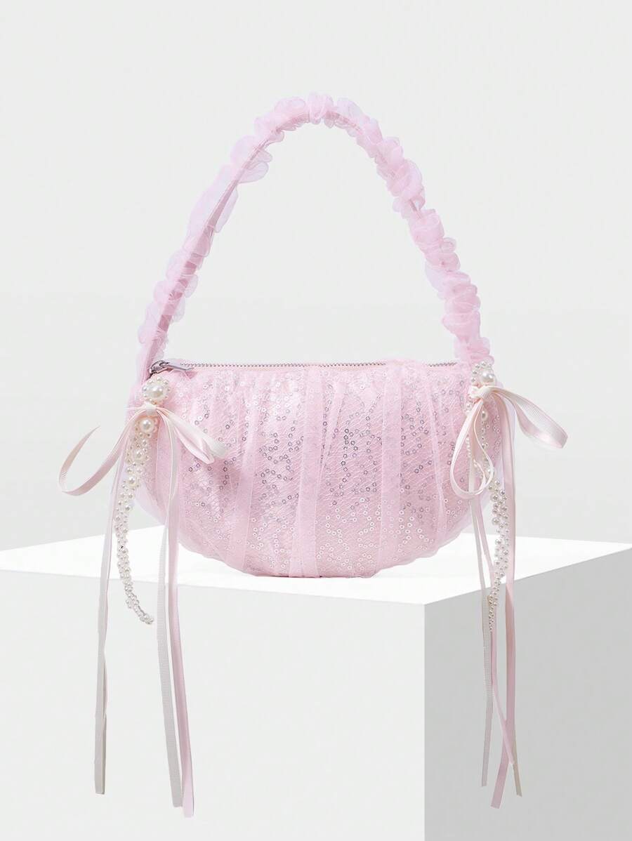 MOTF PREMIUM MESH RUFFLE BOW SHOULDER BAG - Pink - View 1