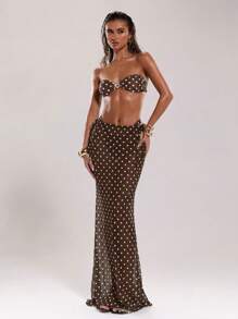 SHEIN BAE Women's Polka Dot Print Low Waist Drawstring Vacation Swimsuit, Elegant & Sexy Cover-Up Skirt, Country Concert - Coffee Brown - View 6