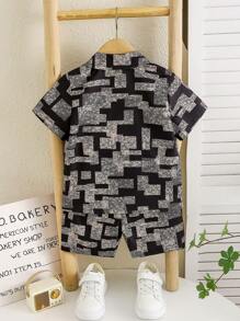 Mirajuku Set de 2 prendas para niños pequeños: camisa de manga corta con cuello y estampado floral, y pantalones cortos casuales para exterior, conjunto de verano - Negro - Ver 2