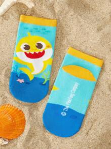 BABY SHARK X SHEIN 3双儿童纯棉可爱卡通海洋图案袜子，加固脚趾和脚跟，耐磨，适合男孩和女孩，适合上学和日常穿着，所有季节 - 彩色 - 查看 9