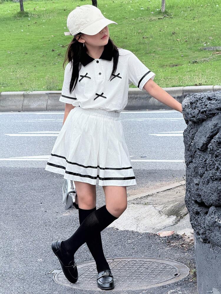 Tween Girls Color Block Bow-Accent T-Shirt Outfit, Summer