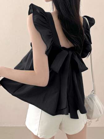 DAZY 女式拼布蝴蝶结系带露背盖袖休闲衬衫，节日花朵度假海滩装，春夏季，返校服，娃娃装上衣学院风上衣