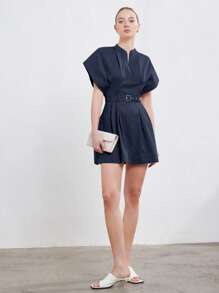 Aveloria Modichic New Fashion Simple & Elegant High-Quality Commuting Women's Stand Collar Round Neck Loose Cap Sleeve Ruched Tie-Waist A-Line Mini Dress