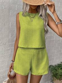 EMERY ROSE 2pcs Women's Summer Solid Color Round Neck Sleeveless Top And Shorts Casual Suit - Green - View 3