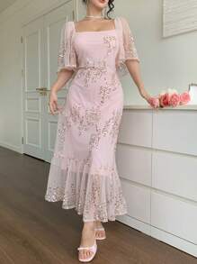 DAZY Đầm midi voan in hoa cổ vuông viền bèo cho nữ, thích hợp cho ngày Valentine, đi nghỉ mát hoặc lễ Phục sinh. - Màu Hồng baby - Xem 3