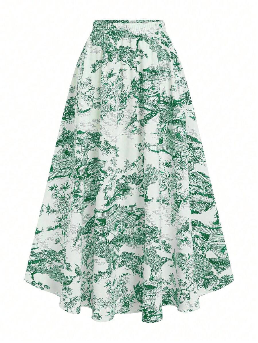 SHEIN Unity 女士印花 A 字裙,优雅适合度假、日常和通勤 - 綠色 - 查看 1