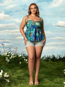 SHEIN Touch of Art Plus Size Women's Summer Casual Vacation Vibe "Touch Of Art" Painting Print Frill Trim Knot Shoulder Babydoll Cami Top - Green - View 3