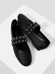 MOTF PREMIUM SUMMER BREATHABLE WOVEN MARY JANE SHOES, FASHIONABLE ELEGANT COMFORTABLE ROUND TOE HOLLOW OUT FLAT SHOES FOR WOMEN - Black - View 1