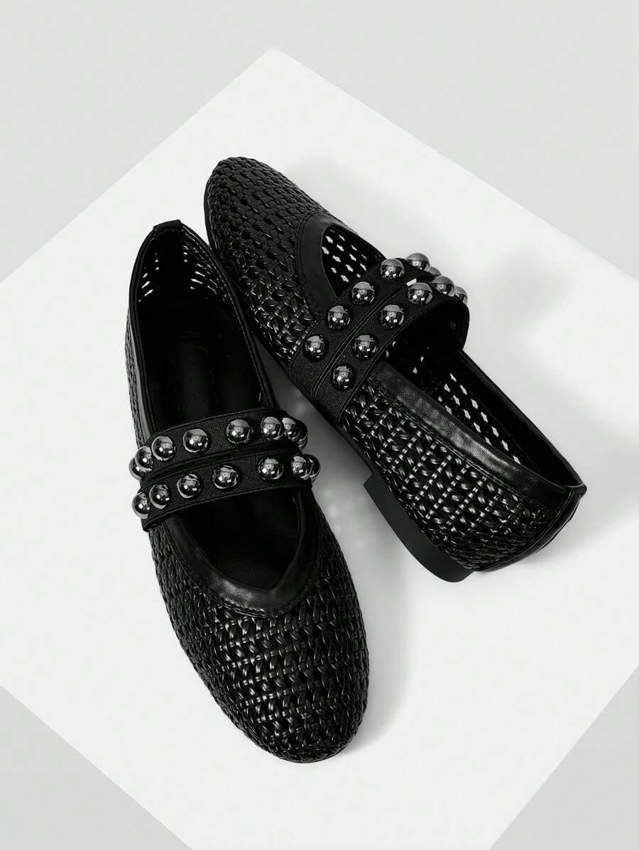 MOTF PREMIUM SUMMER BREATHABLE WOVEN MARY JANE SHOES, FASHIONABLE ELEGANT COMFORTABLE ROUND TOE HOLLOW OUT FLAT SHOES FOR WOMEN - Black - View 1
