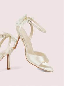 CUCCOO DOLLMOD Women Beige Satin Pearl & Bow Decor Elegant Fashion Round Toe Ankle Strap High Heel Sandals - Beige - View 6