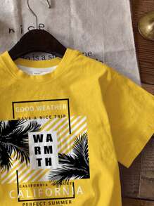 SHEIN Camiseta de cuello redondo de manga corta con estampado de paisaje de verano, ajuste casual para verano, para niño
