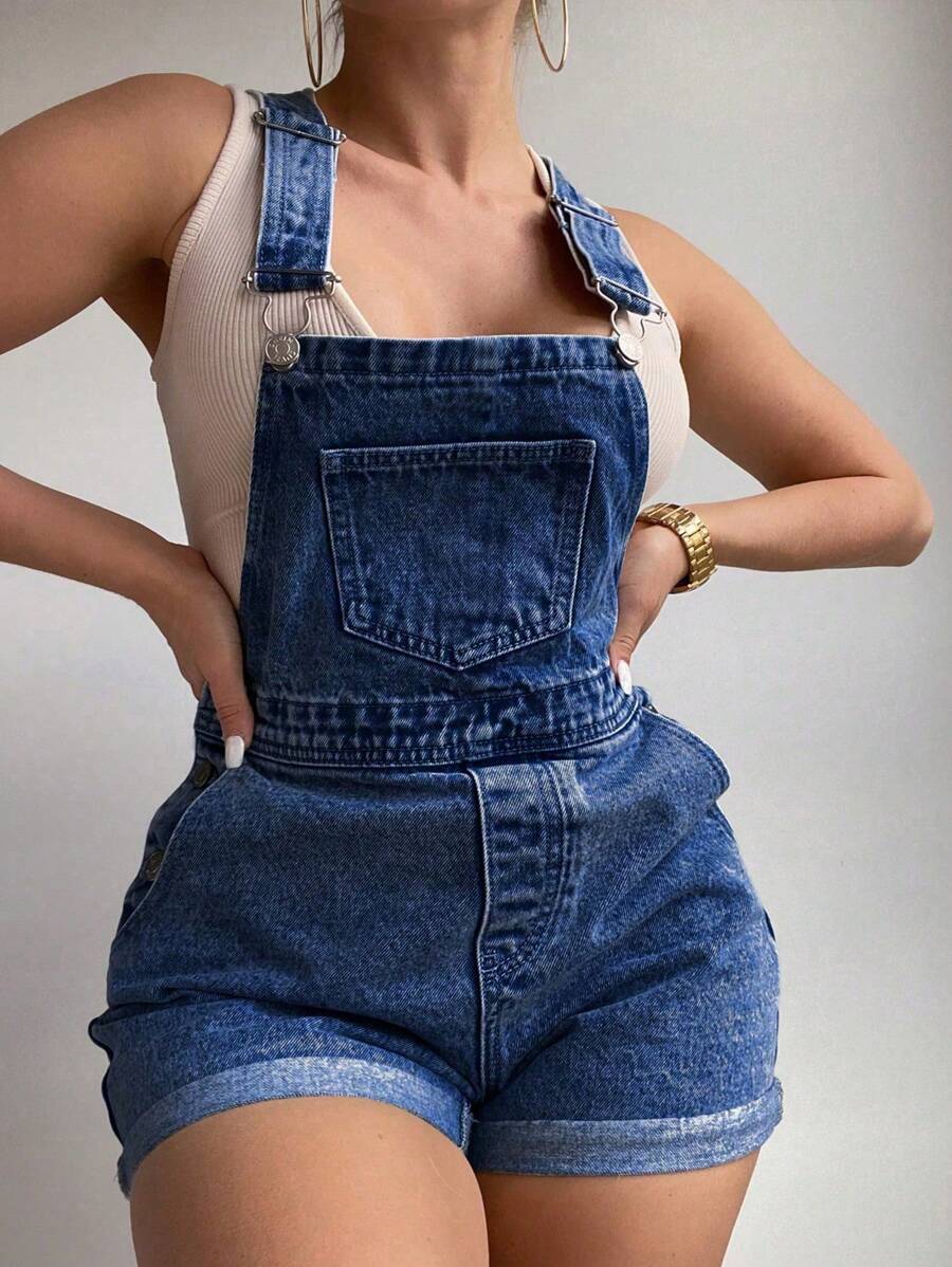 SHEIN ICON 大码破洞牛仔背带裤连体衣，夏季时尚 - 深色水洗藍 - 查看 1