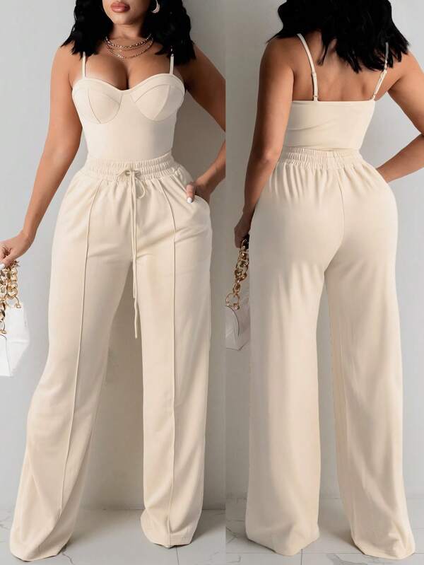 INAWLY Sexy Slim-Fit Camisole And Straight-Leg Pants Two Pieces Set, Casual & Elegant For Women
