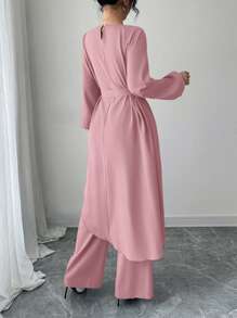 Modelyn 2件套女士纯色系带不对称下摆上衣和裤子