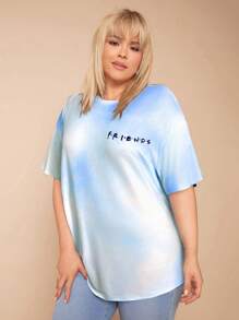 FRIENDS X SHEIN Elena Ilustra Camiseta de manga corta y cuello redondo con estampado gráfico minimalista, talla grande, para verano
