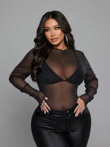 NU&NOW 大码女式立领长袖闪亮网眼透明性感上衣 - 黑色 - 查看 6