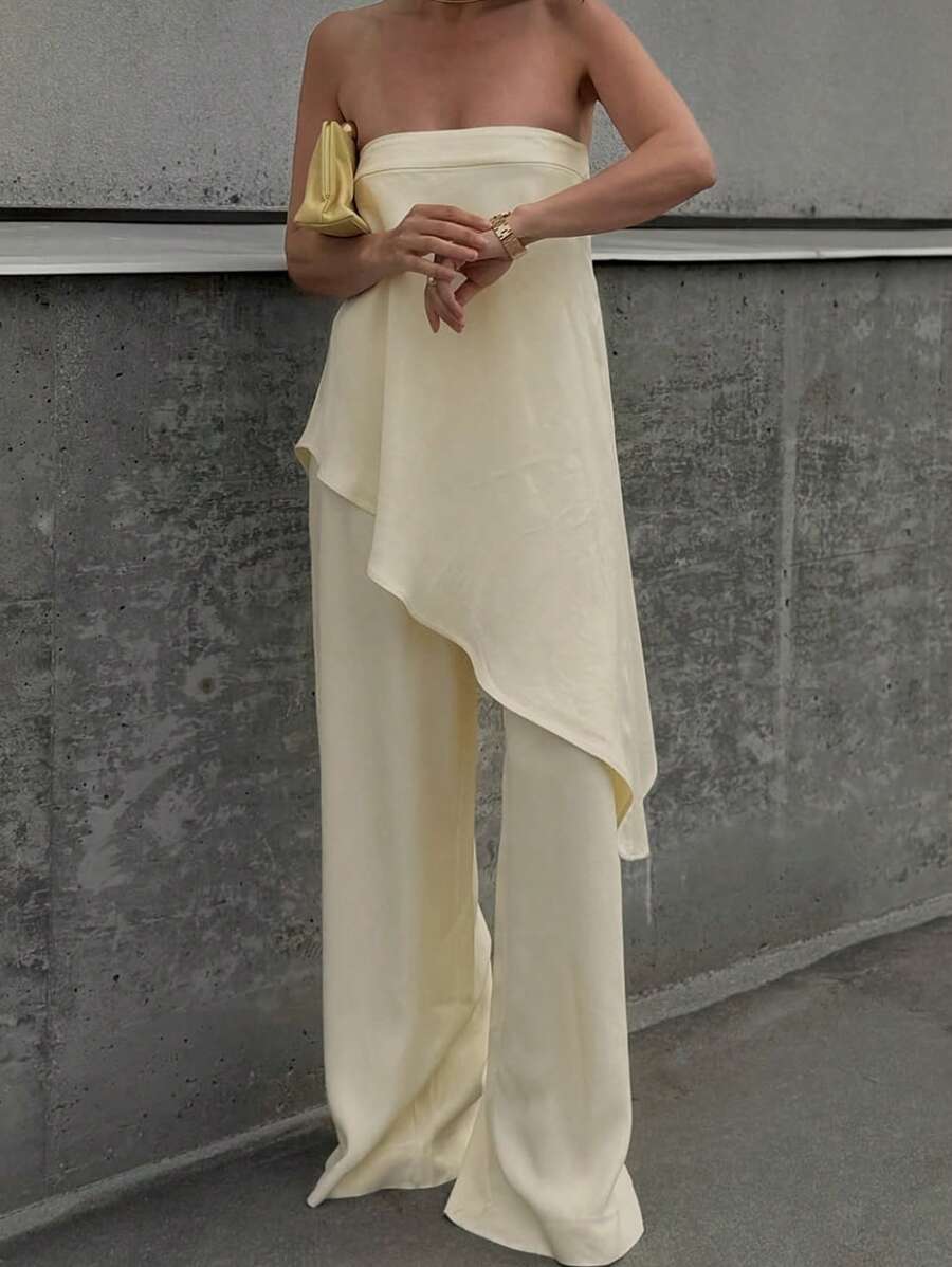 INAWLY 2件套女士时尚休闲优雅性感浪漫无袖上衣和裤子套装 - 黃色 - 查看 1