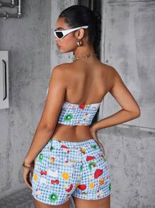 Jeanoix Women's Denim Fruit Print Cropped Bandeau Top