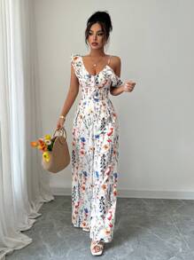 INAWLY Women's Elegant Asymmetrical Ruffle Collar Vacation Wide Leg Printed Jumpsuit