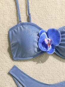 Soleia Conjunto de bikini de dos piezas con Top bandeau decorada con flores 3D y sexy para mujer, ideal para playa de verano - Azul - Ver 3