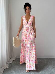 Lyxana Váy xếp ly hở cao họa tiết hoa thanh lịch mùa hè - Nhiều màu - Xem 5