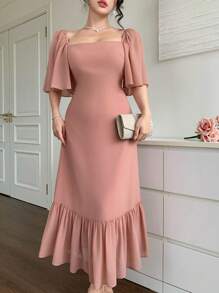 DAZY 女士情人节雪纺花卉印花方领荷叶边下摆中长连衣裙