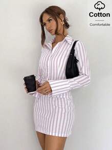 Siren Gaze 2025 ¡Nuevo! Conjuntos de verano para mujer - Camisa de algodón de manga larga con botones a rayas y falda de línea A de algodón, conjunto de 2 piezas de estilo casual elegante perfecto para el trabajo de oficina casual en verano, look de verano europeo, conjunto de 2 piezas a rayas de camisa y falda, conjunto de blazer y falda, conjunto de falda y chaqueta - Multicolor - Ver 2