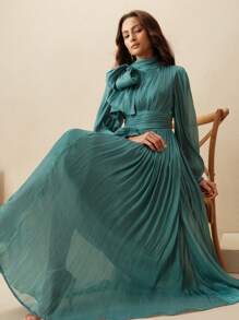 Anewsta Women's Pleated Waist Shiny Elegant Versatile Long Dress, Spring And Autumn - Dark Green - View 6