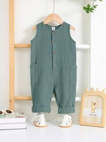 Bubblio Newborn Baby Boy Cute Vacation Casual Versatile Moss Green Gauze Jumpsuit Suitable For Beach, Suitable For Outdoor Play In Summer Baby Jumpsuit Boy Jumpsuit Green Baby Jumpsuit Baby Jumpsuit - Dark Green - View 4