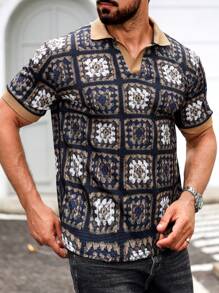 Manfinity Homme 男式拼色领插肩短袖休闲 Polo 衫，夏季 - 棕色 - 查看 3