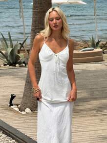 SHEIN EZwear Women's Clothing Holiday Casual White Bohemian Style Beach Seaside Lace-Up Slim Adjustable Shoulder Strap Long Dress - White - View 4