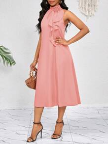 SHEIN Lady 3D立体花朵荷叶边装饰领口，橙色中长款连衣裙，优雅淑女宽松休闲，春夏度假风，波西米亚风情。 - 藕粉色 - 查看 5