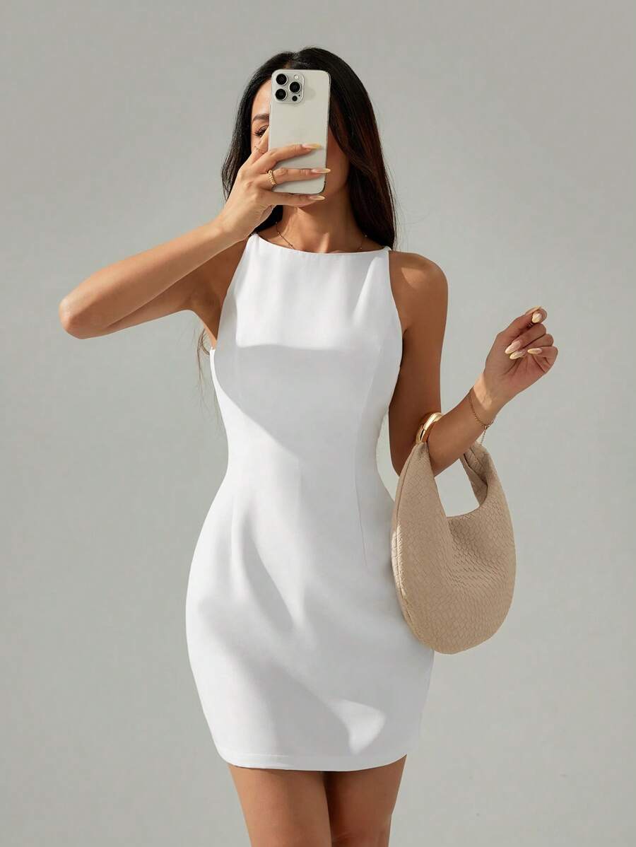 SHEIN PETITE Váy ngắn không tay màu trơn thanh lịch cho nữ, váy trang trọng, váy cưới, váy tốt nghiệp màu trắng, trang phục công sở giản dị cho nữ - trắng - Xem 1