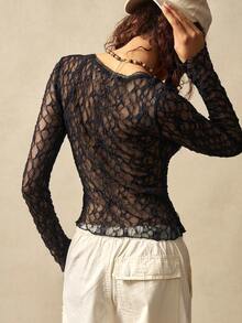Bohemela Women's Black Knitted Fabric Semi-Sheer Sweetheart Neckline Long Sleeve Regular Length Casual Top - Black - View 6
