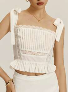 Poéselle 女士优雅白色蕾丝拼接荷叶边吊带背心，老款女士，婚礼宾客上衣，夏季上衣，外出上衣，春假 - 白色 - 查看 2