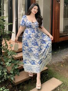 Dazy Plus Vestido maxi floral de manga corta ajustado con decoración de lazo de encaje en contraste