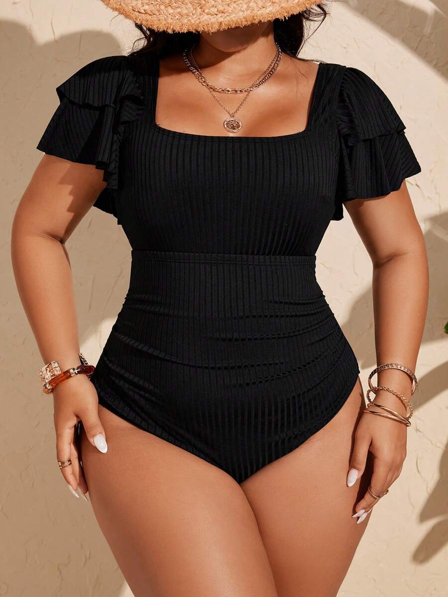 Swim Chiccia Plus Size Exaggerated Ruffle Puff Sleeve One-Piece Swimsuit For Vacation For Summer