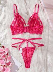 SHEIN Set de lenjerie intimă sexy cu 2 bucăți, model gene inimă, fără armatură, push-up - Roz fierbinte - Vizualizare 2