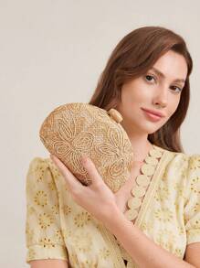 MOTF PREMIUM 女士时尚花卉印花编织手拿包 - 杏色 - 查看 8