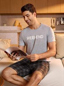 Manfinity Underwear&Sleepwear Basics Men's Letter Print Crew Neck Short Sleeve T-Shirt And Plaid Shorts Pajama Set - Light Grey - View 5