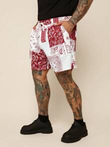 EASEVO 大码男式宽松红白佩斯利花卉印花休闲短裤